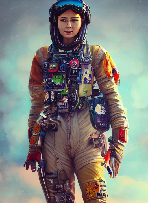 Image similar to detailed full body concept art illustration colorful oil painting of a female pilot in full intricate clothing, ultra detailed, digital art, octane render, 4K, dystopian, micro details, hyperrealistic