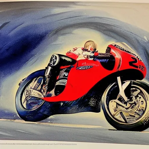 Image similar to photorealistic picture, by bob peak and alex ross, moto gp ads in 1 9 9 0 s, gouache and wash paints, fine details, fine intricate, fine facial proportionate, fine body proportionate, fine posse proportionate, smooth sharp focus, sharp focus