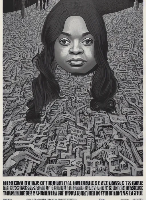 Image similar to poster artwork by Michael Whelan and James Jean, of Octavia Spencer has a invisible shadow man's voice in her head, reality is a labyrinth parking lot, psychological thriller from scene from Twin Peaks, clean, simple illustration, nostalgic, domestic, full of details