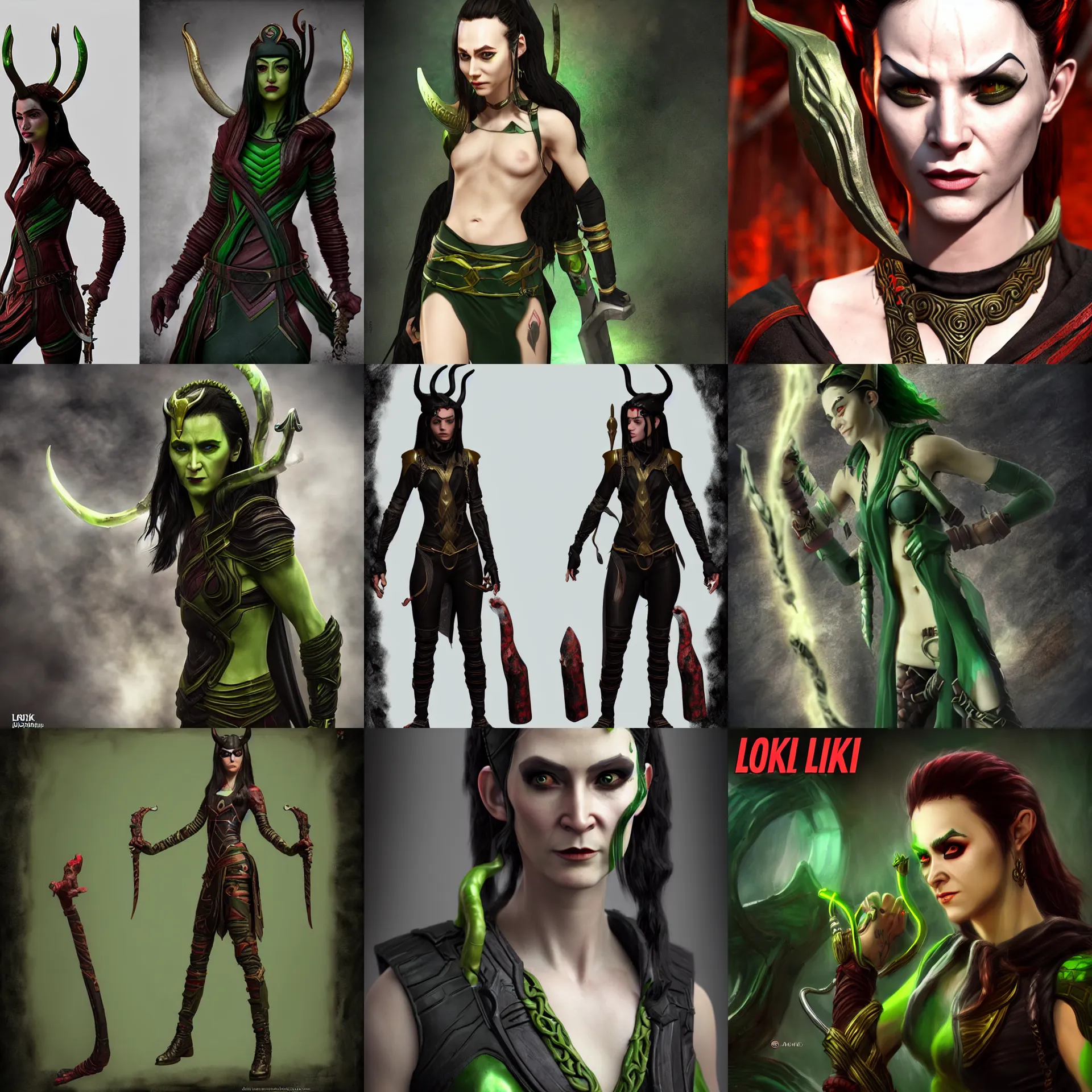 Prompt: female loki in the style of hell boy, highly detailed, character concept, unreal engine 5, candid photography, by anne stokes
