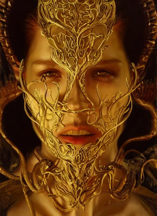 Image similar to highly detailed oil painting | very intricate | cinematic lighting | award - winning | the devils mask by alexander mcqueen | by roberto ferri, by leng jun, by j. c. leyendecker and klimt, american romanticism, by austin osman spare, artstation, cgsociety, official art, octane