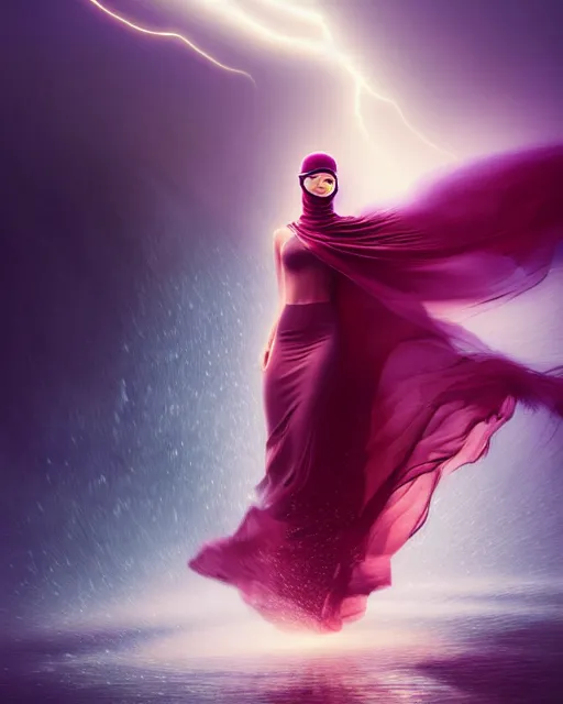 Image similar to beautiful arab woman in futuristic niqab, floating in mid - air, long flowing fabric, flowers, rain, lightning, storm, digital painting, illustration by raymond swanland and artgerm and mina petrovic and timothy kong and marina federovna, light, shadows, reflections, epic composition, intricate, elegant, volumetric lighting, artstation