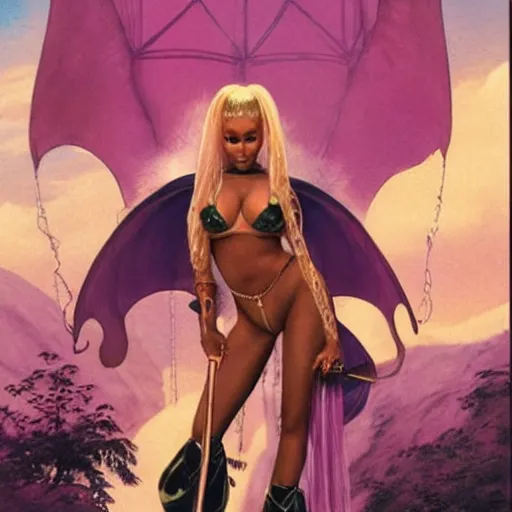 Image similar to 1 9 8 0 s fantasy novel book cover, nicki minaj in a string bikini holds a huge sword ready to fight a dragon