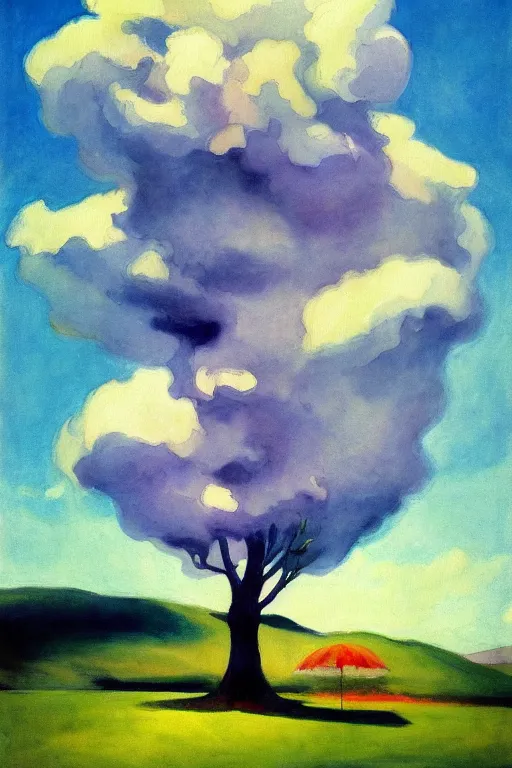 Prompt: beautiful digital matter cinematic painting of fantasy tree and candy cloud sky watercolor edward hopper artstation