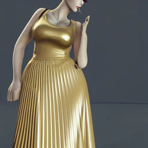 Image similar to a curvy feminine pale goth cutie with a thin waist in an elegant gold latex pleated dress, cgsociety, photorealistic, sublime-comforting-elegant ambience, 16k, smooth, sharp focus, trending on ArtStation, volumetric lighting, fully clothed, worksafe
