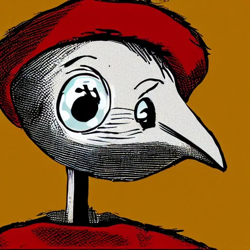 Image similar to bird stares with both eyes directly into camera, face on shot cartoon style