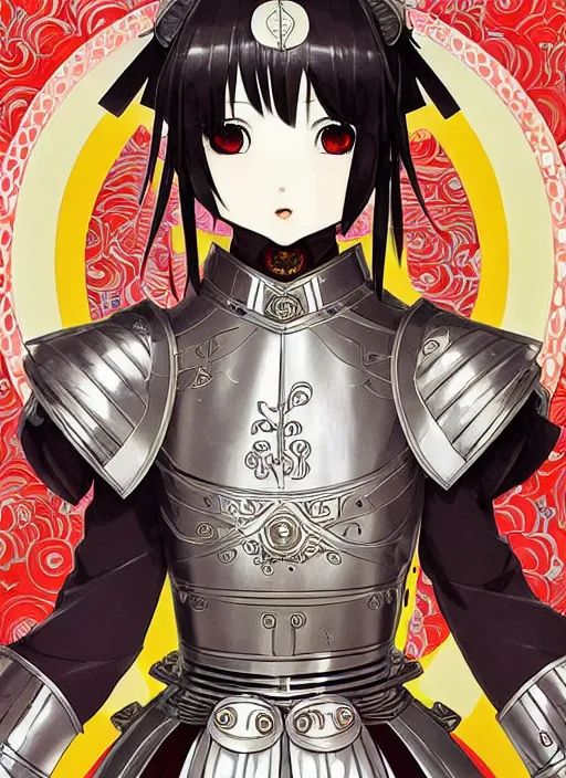 Image similar to takashi murakami, ilya kuvshinov, anime female knight in. ornate armor by, last exile, murata range, fine detail, perfect, dramatic lighting, dynamic composition, art deco, cel shading, vivid, rich texture, alphonse mucha, ( ( ( colorful ) ) ), ( ( ( yoshinari yoh ) ) ),