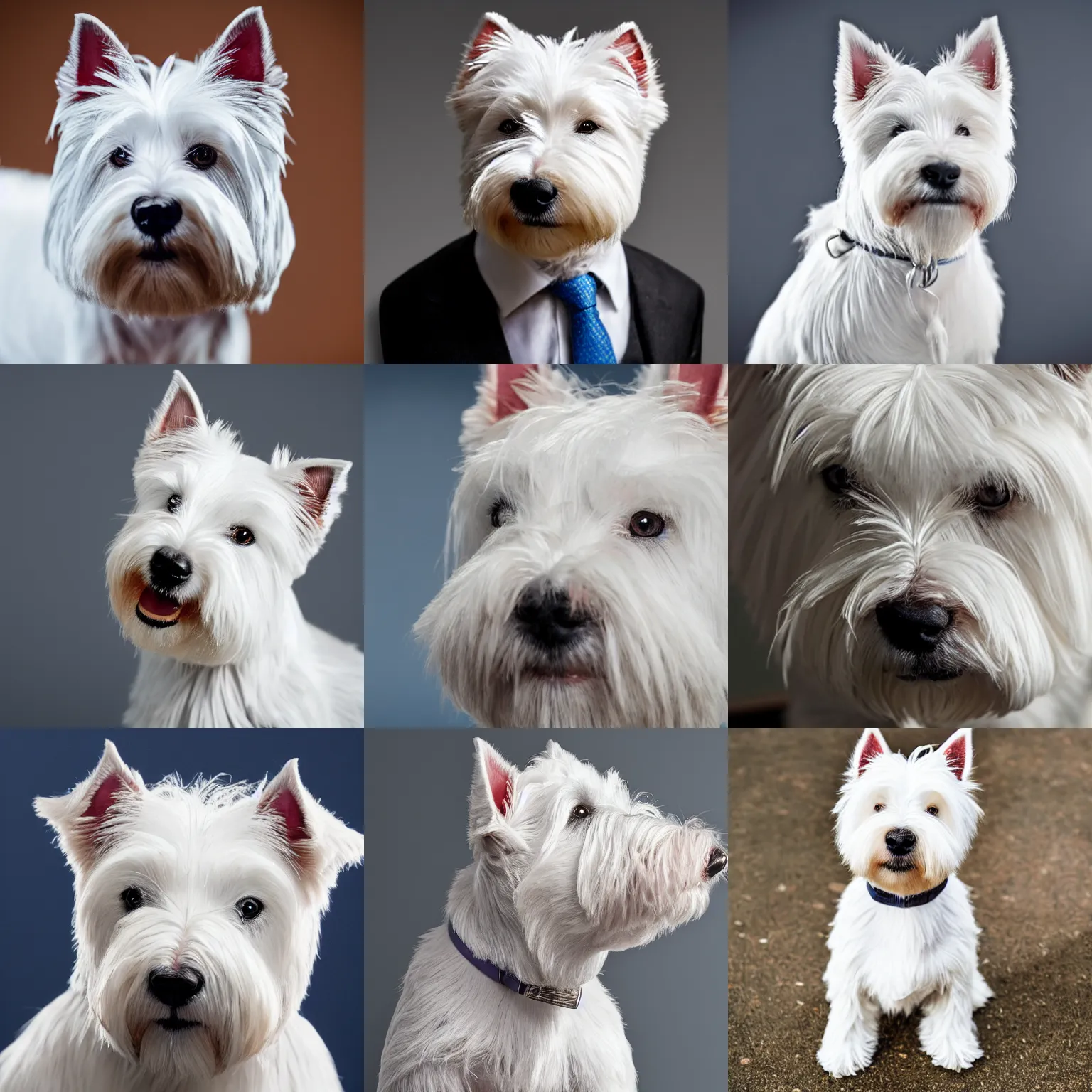 Prompt: a high detail shot of a west highland white terrier wearing a suit, realism, 8k