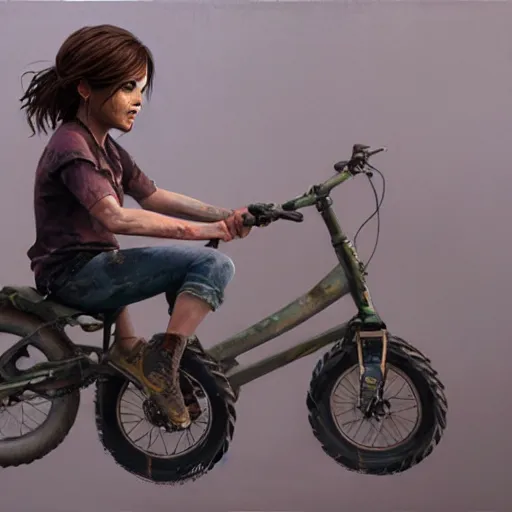 Image similar to portrait of elle from the last of us, riding a tricycle, painted by greg rutkowski, wlop