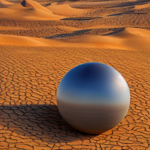 Prompt: a huge sphere in desert, professional photography