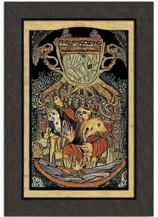 Image similar to sloth as the king of cups, framed, intricate details, medieval art style, high contrast, posterized