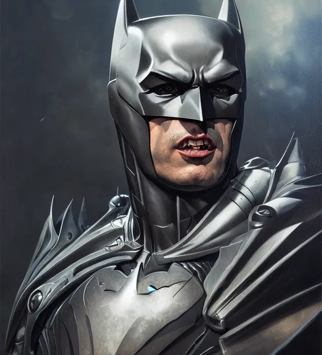 Prompt: a portrait of batman wearing metal armor standing by karol bak, raf grassetti, bisley, james jean, tom bagshaw, rococo, sharp focus, trending on artstation, cinematic lighting, hyper realism, octane render, 8 k, hyper detailed, vivid, ultra detailed, highly detailed