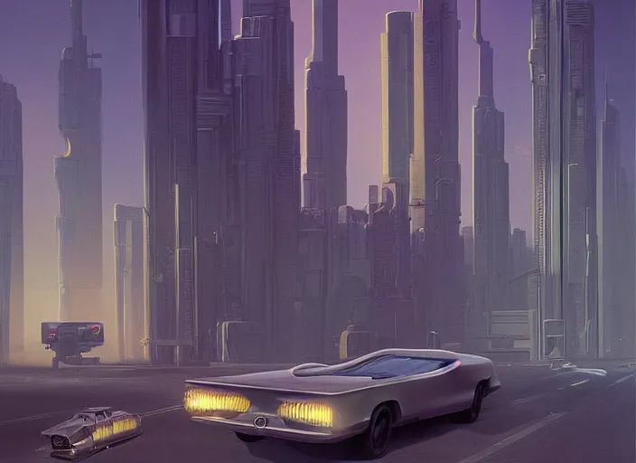 Image similar to a car driving down a street next to tall buildings the night at 9:00 am, cyberpunk art by Chesley Bonestell, cgsociety, retrofuturism, matte painting, reimagined by industrial light and magic