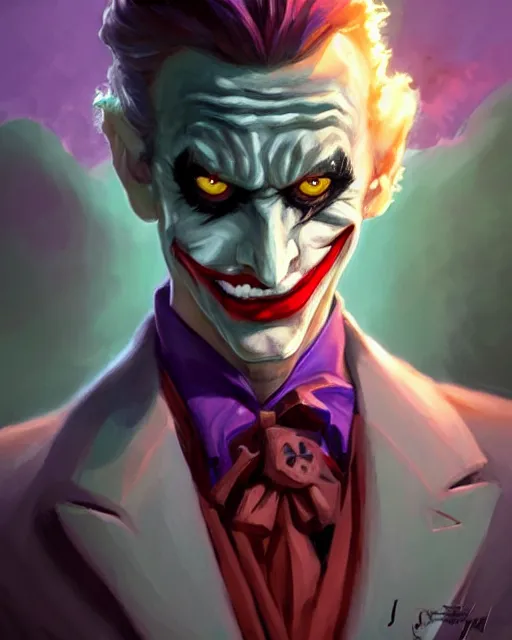 Image similar to Joker, pretty, beautiful, DnD character art portrait, matte fantasy painting, DeviantArt Artstation, by Jason Felix by Steve Argyle by Tyler Jacobson by Peter Mohrbacher by Q Hayashida by Vivziepop, cinematic lighting