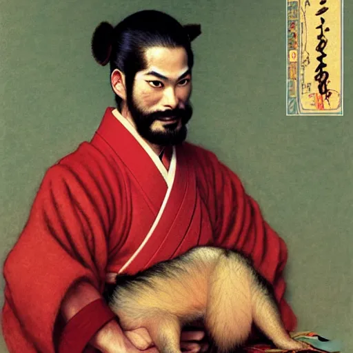 Prompt: a portrait of a hamato yoshi wearing a red kimono, hairy, feet, tail. highly detailed painting by gaston bussiere, craig mullins, j. c. leyendecker, furry