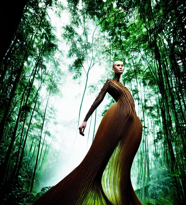 Prompt: photography portrait of one female fashion model in rainforest, wearing one organic futurist dress designed by iris van herpen,, photography by paolo roversi nick knight, helmut newton, avedon, and araki, sky forest background, natural pose, highly detailed, skin grain detail