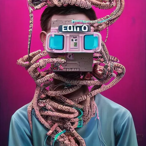 Image similar to Tristan Eaton & Greg Rutkowski, award winning masterpiece with incredible details, Zhang Kechun, a surreal vaporwave vaporwave vaporwave vaporwave vaporwave painting by Thomas Cole of an old pink mannequin head wearing VR goggles with cables and wires coming out of it's neck, highly detailed