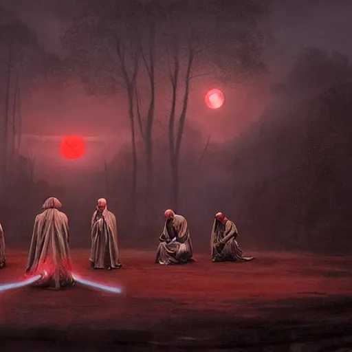 Prompt: A group of people in Sith lord robes pray to a red marble serpent statue, the scene is lit by a red moon., Matte painting , detailed painting, greg rutkowski