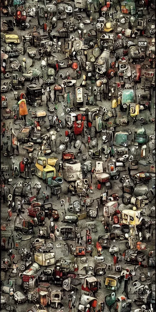 Image similar to a mobile phone junkyard scene by alexander jansson and where's waldo