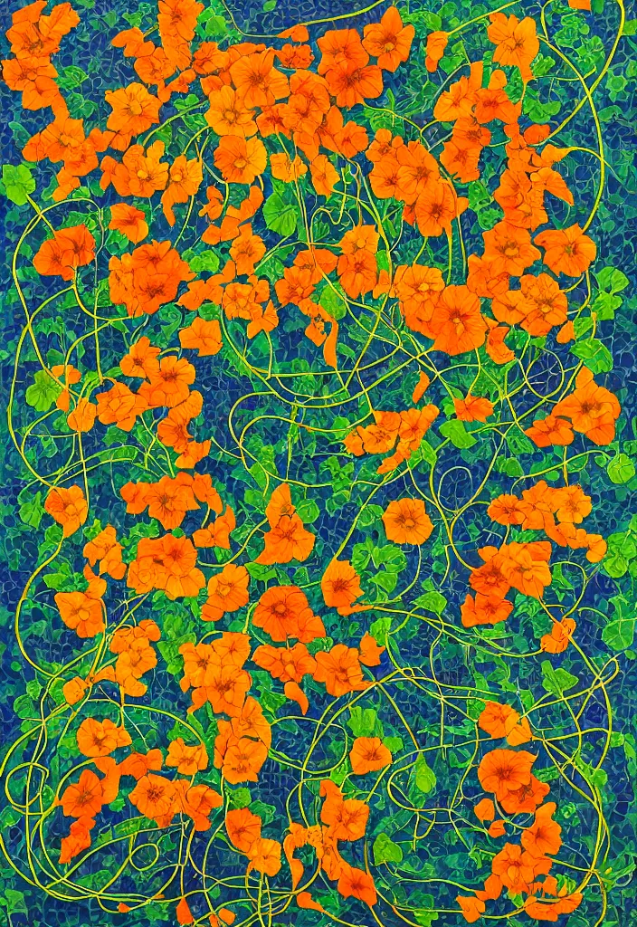 Image similar to award winning semi - abstract artwork about entangled sunflowers and falling nasturtiums with vines