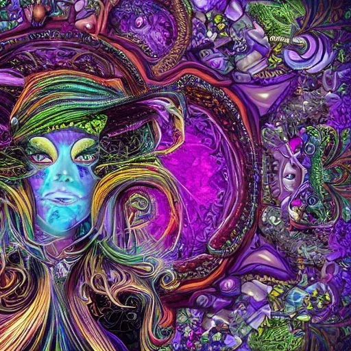 Prompt: psychadelic witch, hyper detailed, flowing psychadelic background intricate and detailed, ornate 8 k gorgeous intricate detailed