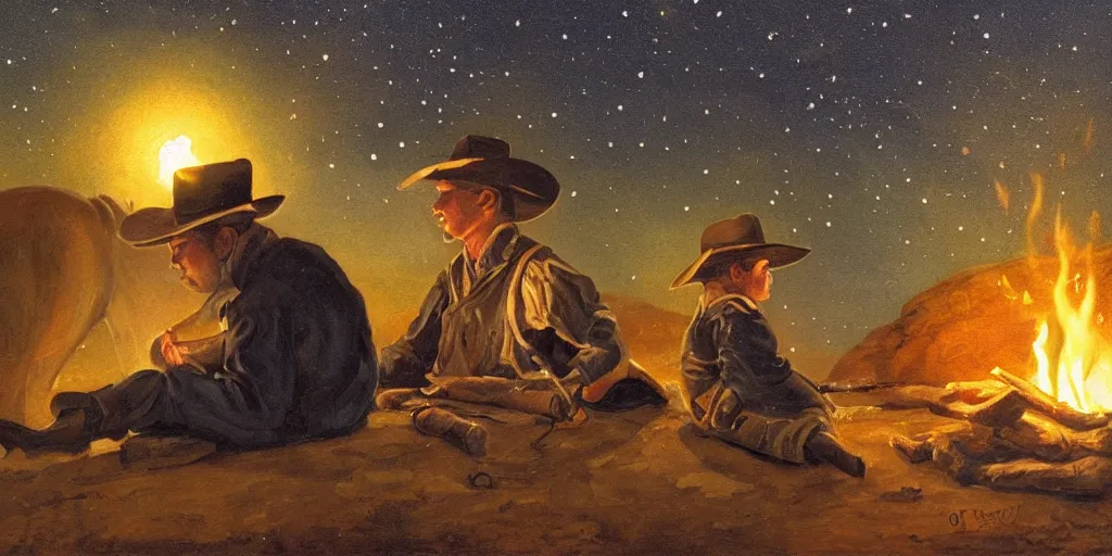 Image similar to in the old west, at a campfire at night, close up portrait of one sleeping bandit ( ( alone ) and wide shot of one young boy ( ( alone ) ) watches the stars and his horse grazes, in the style of fredrick remington, oil painting, warm color palate, astral