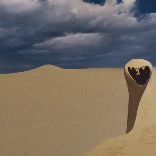 Image similar to dune sandworm with the face of Joe Biden; sand dunes in background; photorealistic, cctv