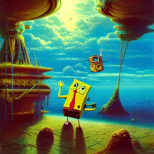 Image similar to surrealism spongebob, epic, cinematic shot, 8k, by Bruce Pennington, sharp focus, highly detailed, saturated