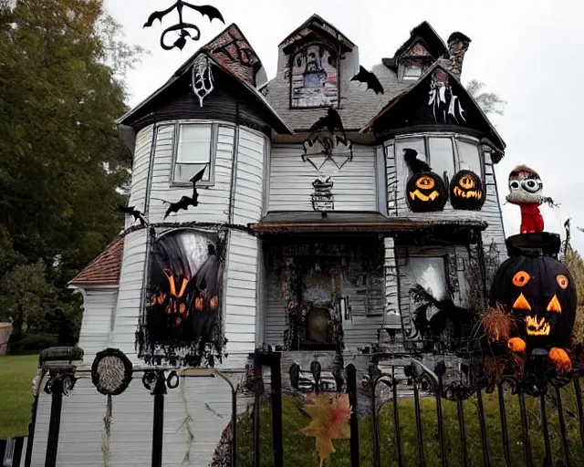 Prompt: a house that won an award for best halloween decorations in the world, associated press photography