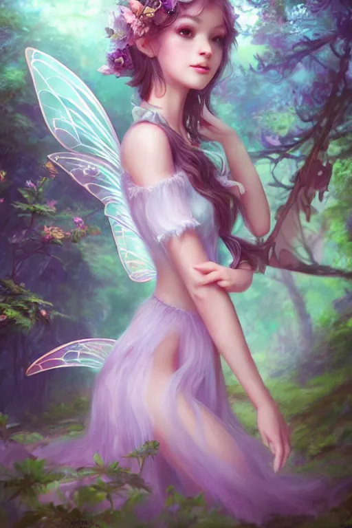 Image similar to a cute fairy in the dreamy forest, fantasy, 8 k resolution, hyper detailed, d & d, character design, digital painting, trending on artstation, sharp focus, illustration, art by artgerm, steve zheng, fuji choko, viktoria gavrilenko, hoang lap