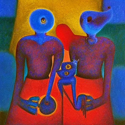 Image similar to Oil painting by Rufino Tamayo. Mechanical gods with bird faces kissing. Oil painting by Lisa Yuskavage.