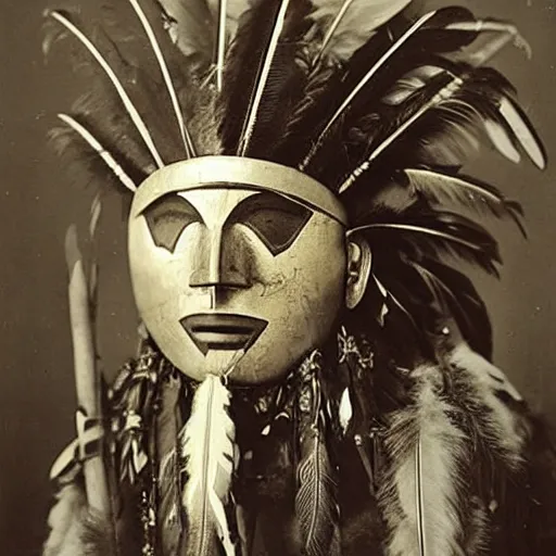 Prompt: vintage photo of native american shaman mask with chrome scales and gold feather plumes by edward s curtis