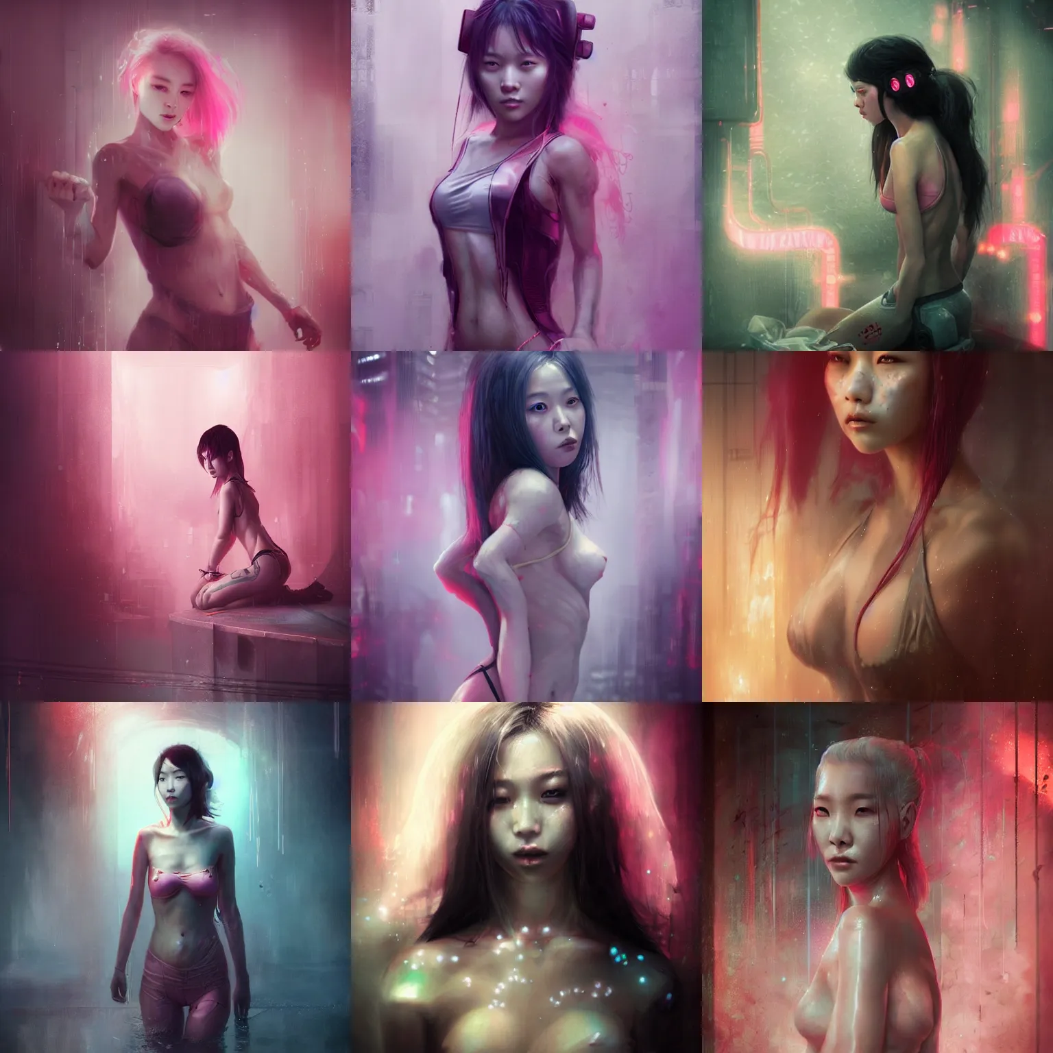 Prompt: lee jin - eun emerging from pink water in cyberpunk theme by, bastien lecouffe - deharme, rule of thirds, seductive look, beautiful