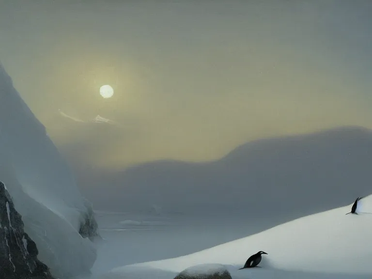 Image similar to an oil painting of a penguin playing in pure white snow on a misty glacier at dusk. aurora. by tuomas korpi moebius and carl spitzweg. baroque elements. intricate artwork by caravaggio. oil painting. oil on canvas. award winning. dramatic. trending on artstation. 8 k