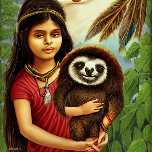 Prompt: a cottagecore beautiful young indian witch holding a cute sloth, highly detailed, masterpiece, illustrated, art by johannes voss