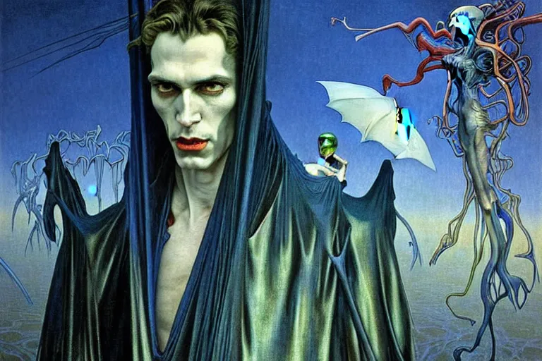 Image similar to realistic extremely detailed portrait painting of an elegantly creepy vampire man in cape, futuristic sci-fi landscape on background by Jean Delville, Amano, Yves Tanguy, Alphonse Mucha, Ernst Haeckel, Edward Robert Hughes, Roger Dean, rich moody colours, blue eyes