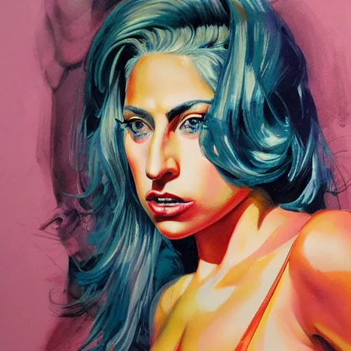 Image similar to detailed details photorealistic pictures lady gaga harley queen full body posse in the style of bob peak and alex ross, gouache and wash paints color, detailed details facial and body and human and environments and proportionate, detailed 5 k details.