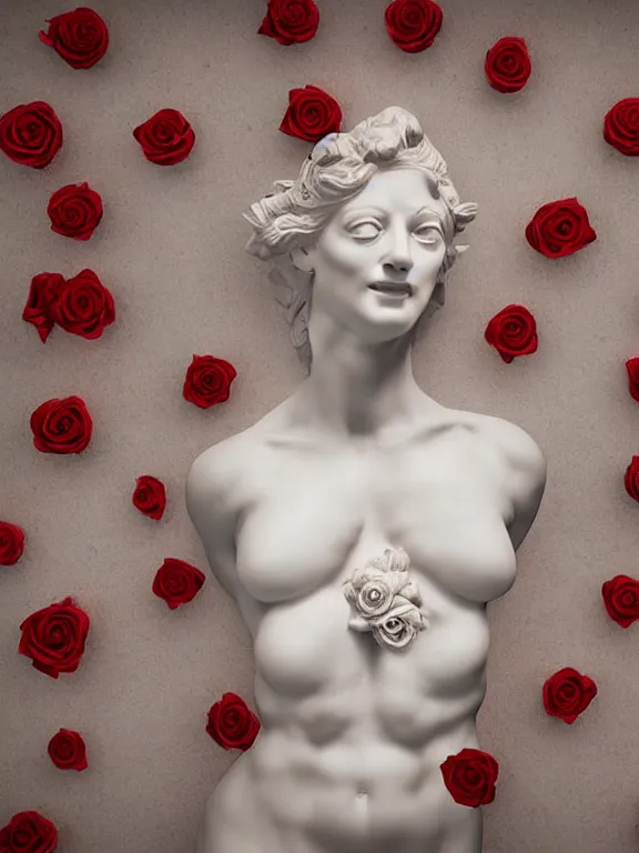 Image similar to portrait art venus of milo sculpture made of white marble, concept art, red roses exploding from her heart, volumetric lighting, hyperrealistic, focused, extreme details, masterpiece, fine details