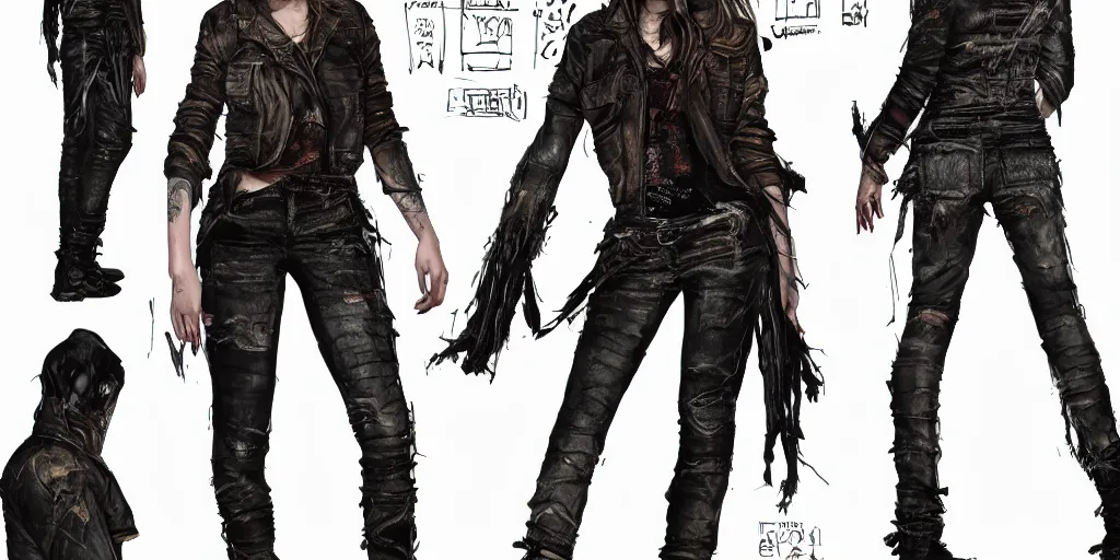 Image similar to samara weaving as a wanderer with tattooed neck, wearing a scratched leather and ripped leather jeans, wearing a short black jacket with a colorful stamp on its back, character sheet, fine details, props, concept design, contrast, kim jung gi, greg rutkowski, trending on artstation, 8 k, full body, turnaround, front, back, ultra wide angle