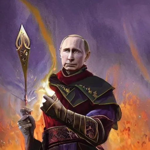 Prompt: a fully pictured magic the gathering card, depicting vladimir putin as a wizzard, 8 k