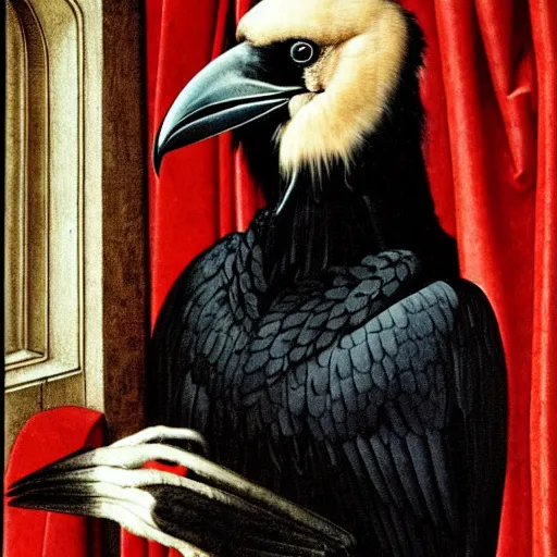 Image similar to a highly detailed portrait of a raven, wearing elegant tudor clothes, inside a room with thick red tapestries, by hans holbein and alessandro allori