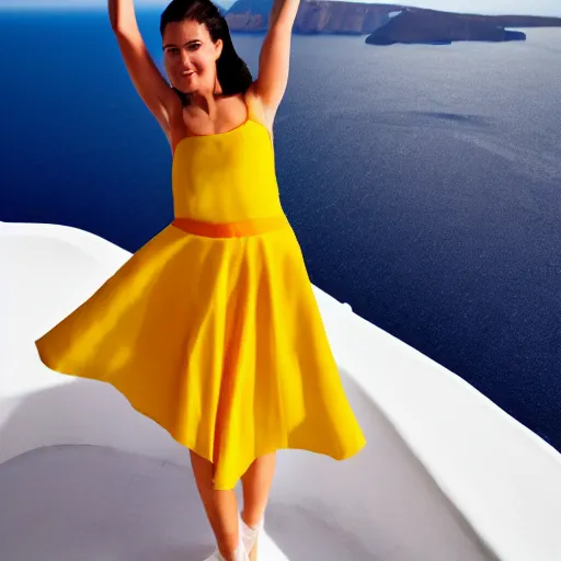 Image similar to beautiful modern dancer wearing a red, yellow, blue swirling dress, standing on a Santorini terrace looking down into the ocean, trending on artstation, cinematic, photorealistic