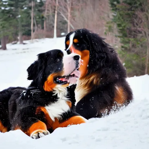 Image similar to girl riding giant Bernese Mountain Dog in the snow