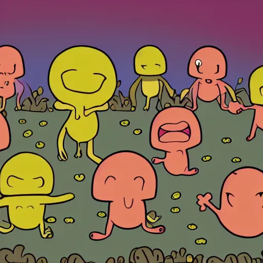 Prompt: little mushroom people with limbs and smiley faces dancing around a pomegranate in the middle of the woods. cartoon. adventure time. midnight gospel. created by duncan trussell.