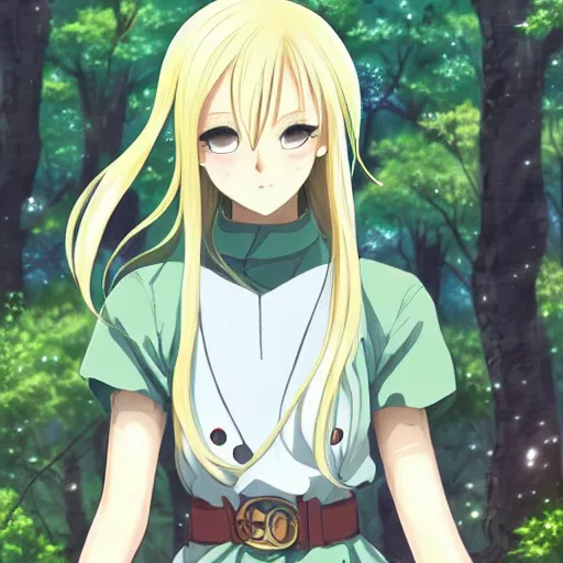 Prompt: blonde anime knight 4 3 2 6, standing in a forest, finely detailed features 3 3 3 2 3 perfect art anime illustration trending on pivix fanbox art by makoto shinkai, studio ghibli, takashi takeuchi, hajime isayama