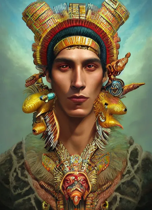 Image similar to portrait of aztec masculine god quetzalcoatl, by bogdan rezunenko and denys tsiperko and tom bagshaw, magic realism