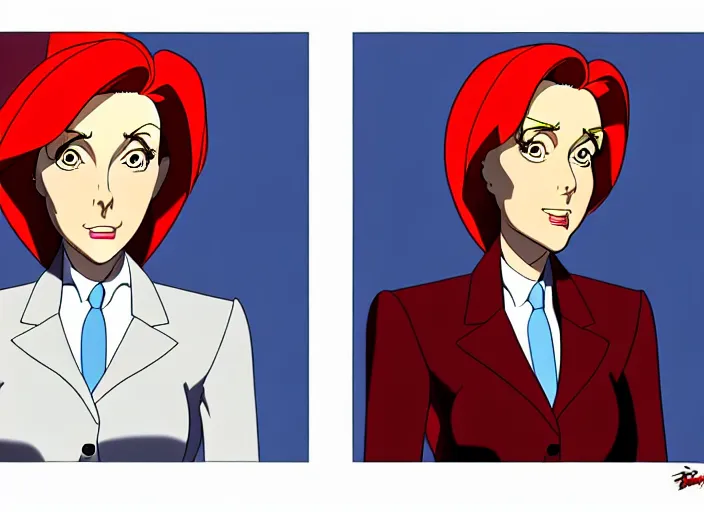 Prompt: a shaded animation cel of dana scully, sharp detail, realistic anatomy, in the style of western cartoons, by don bluth, filmation, toei animation, studio trigger, studio ghibli, 5 k, artstation trending