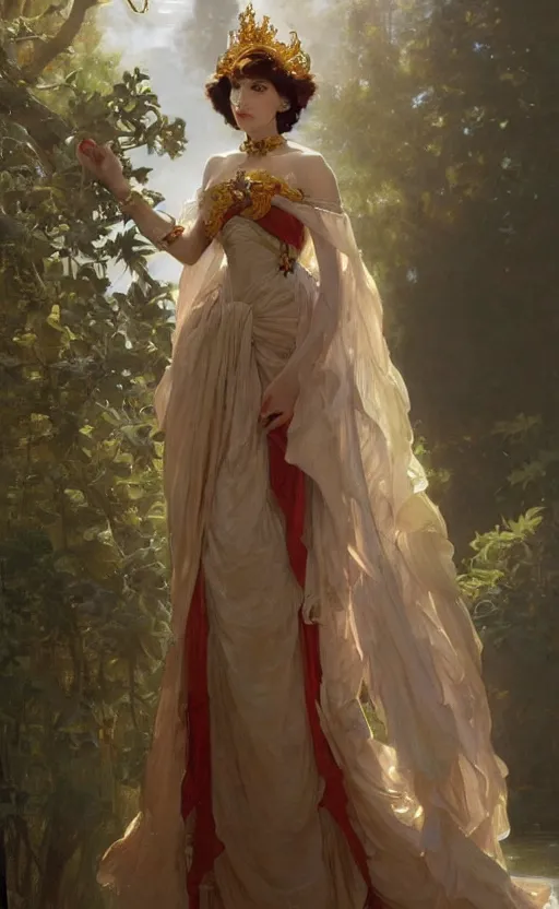 Prompt: a beautiful painting of a crowned robot princess in a flowing gown, intricate, elegant, highly detailed, digital painting, artstation, concept art, by krenz cushart and artem demura and william adolph bouguereau and alphonse mucha