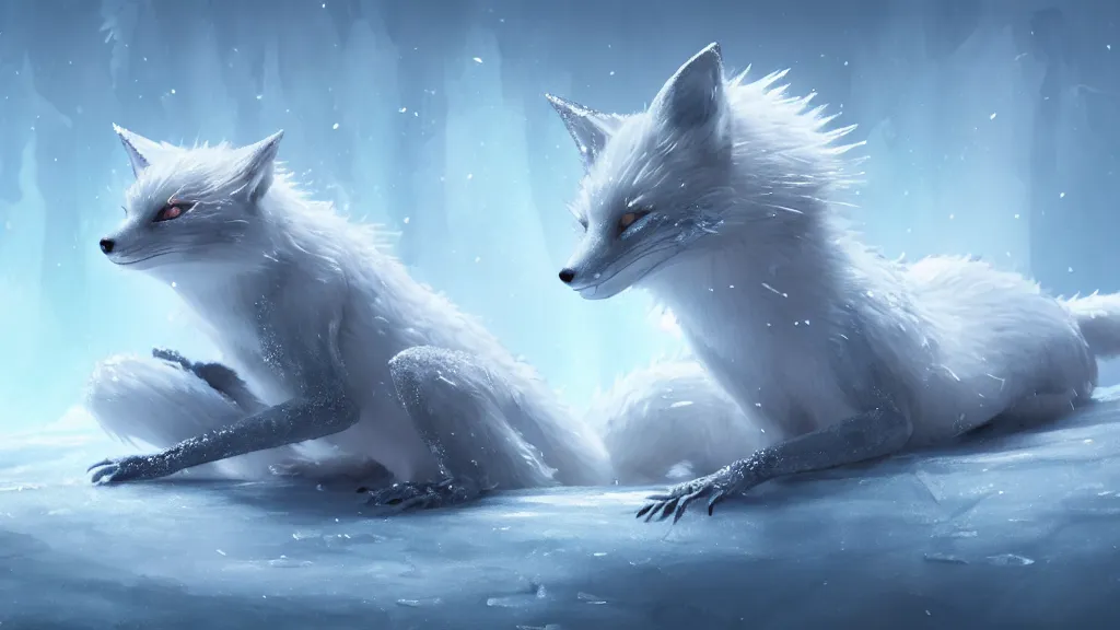 Image similar to white - haired anime fox lizard frozen in an ice floe, intricate, highly detailed, smooth, wide shot, artstation, digital illustration by ruan jia