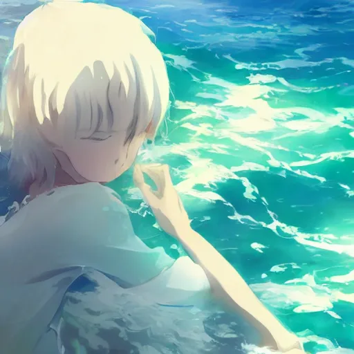 Prompt: High quality art of a girl with short blue hair drowned in the sea, anime style. Art by Makoto Shinkai, Crunchyroll, pixiv, danbooru, HD